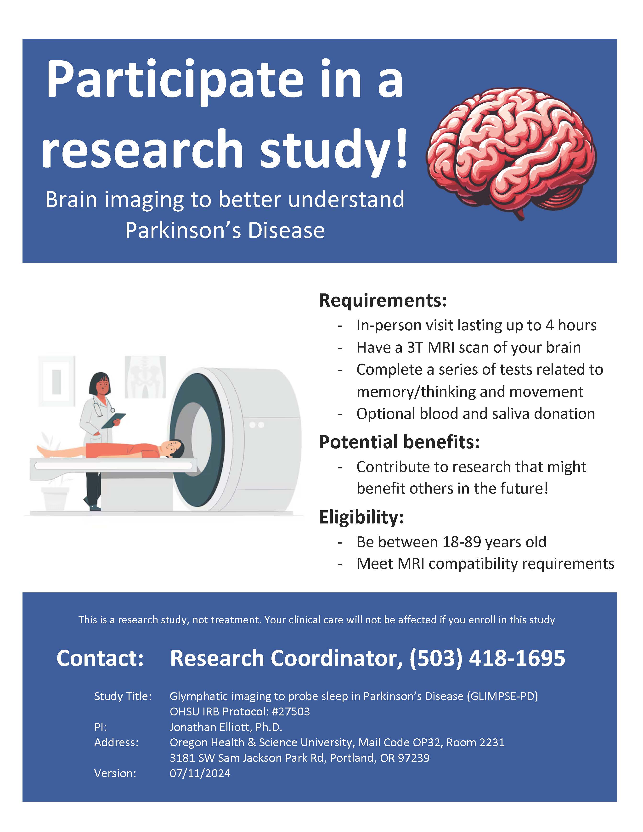 Sleep study recruitment flyer for Brain MRI Study